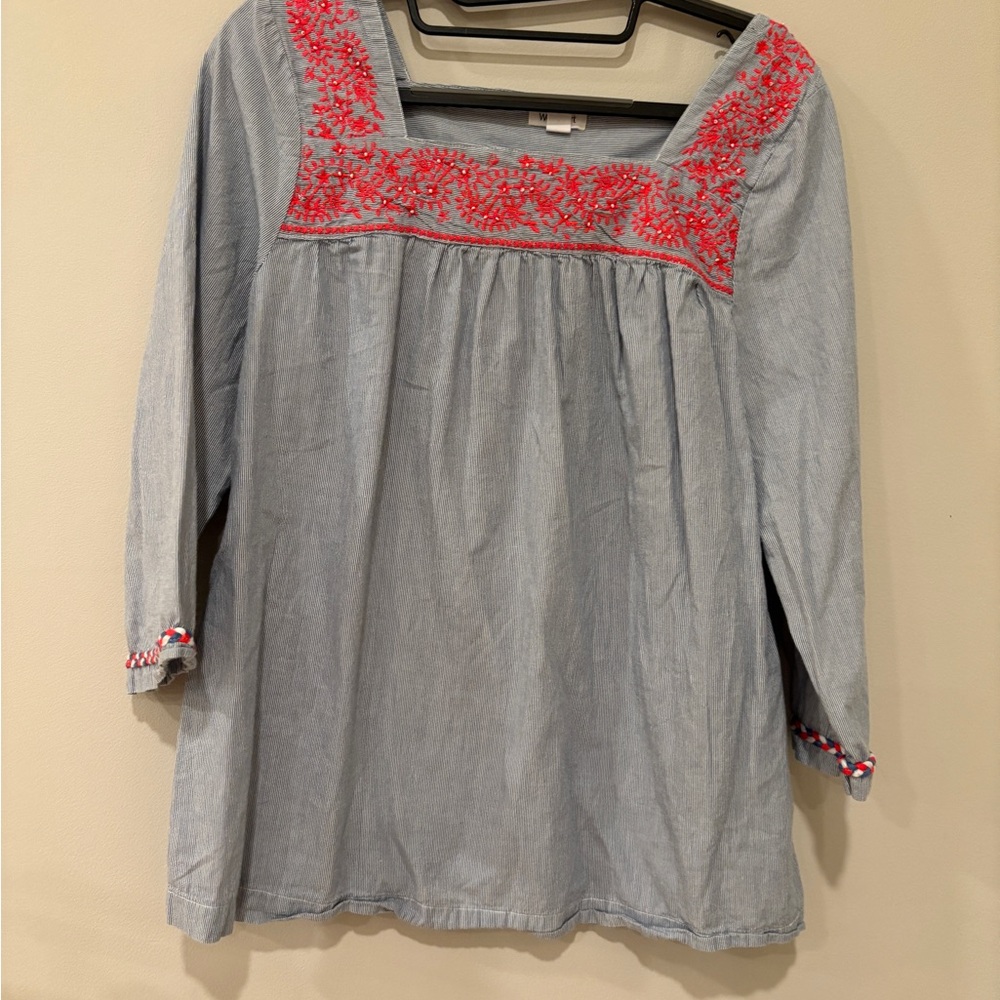 Women's Size M Embroidered Blue Peasant Topā with Neon Accents Nautical Summer